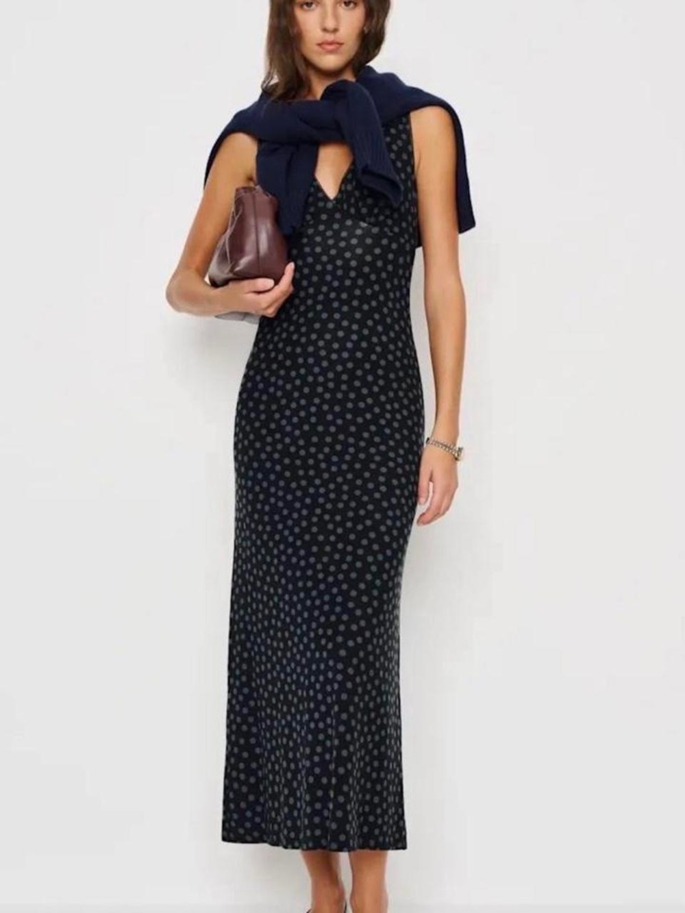 Reformation Black Slip Dress with Gray Polka Dots - Picture 2 of 7